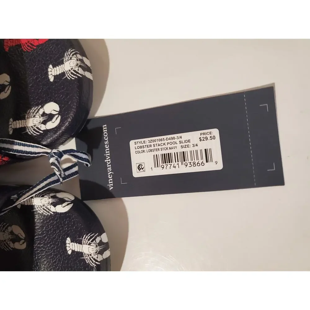 Nwt Vineyard Vines Boys Lobster Stack Pool Slide Sandals Kids Youth Sz 3/4 Blue